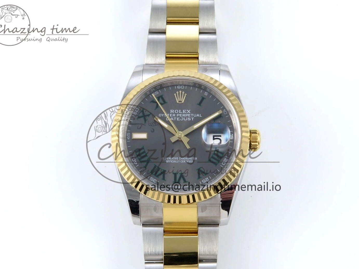A3235 on Edition 36 126233 YG EWEF Marker Best DateJust Green Gray Bracelet Roman Dial Oyster SS 0212